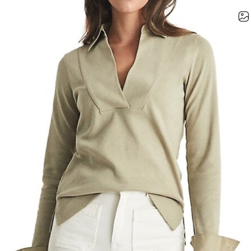 REISS Georgie Fitted Cotton Knit Collared Rugby Light Sage Green Top size Medium